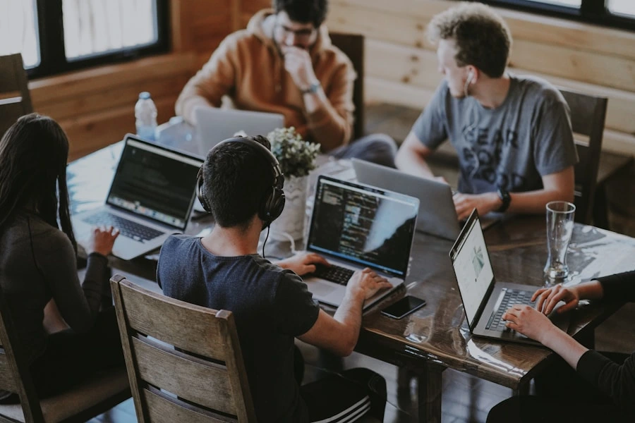 Digital marketing team collaborating on SEO strategy in modern office